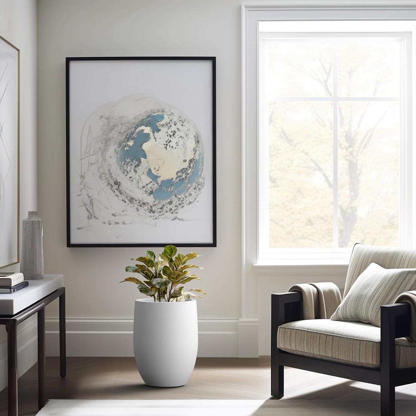 Kante 16.5 Inch Tall Concrete Planter, Large Indoor Outdoor Plant Pot with Drainage, Smooth White Finish with Aqua Blue Interior, Ideal for Porch, Home, Garden, Patio