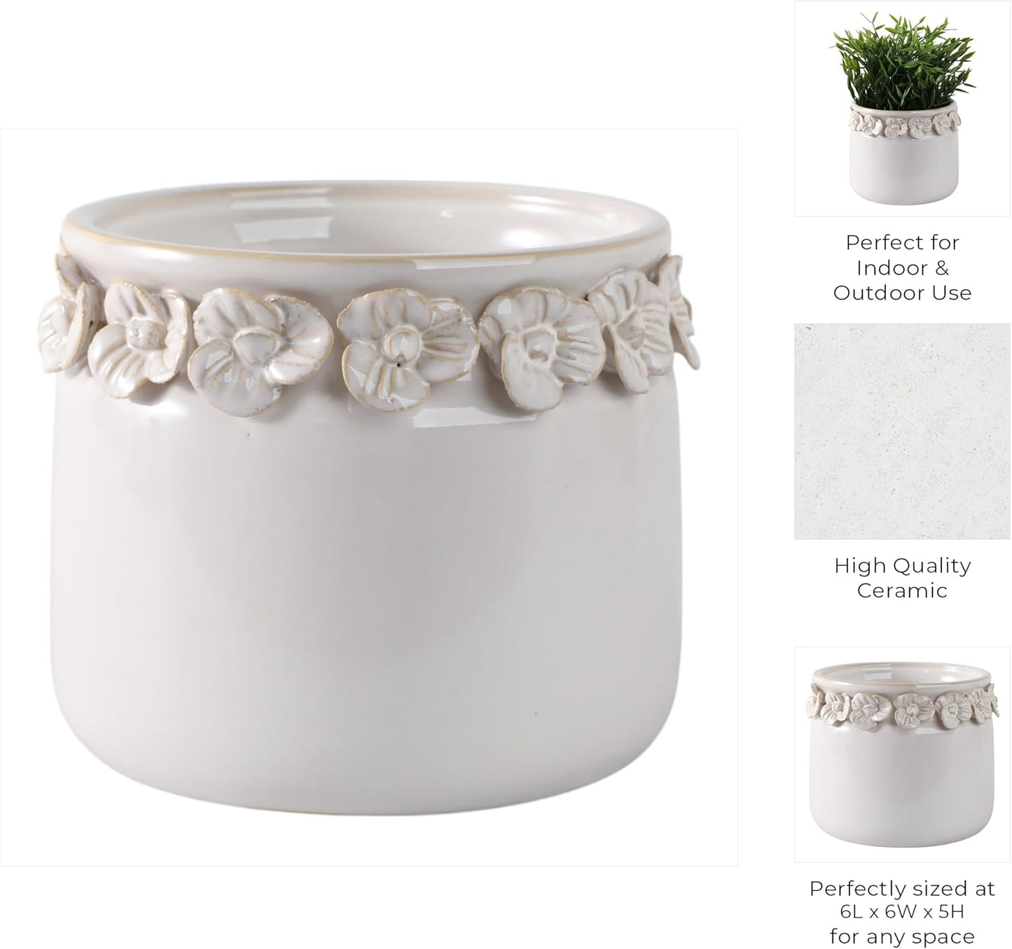 Decorative Flower Pot for Home Decor – Ceramic Indoor or Outdoor Planter with Sculpted Floral Rim for Succulents or Houseplants – Pot for Plants Perfect for Garden, Patio, or Room Decor – 5" Ivory