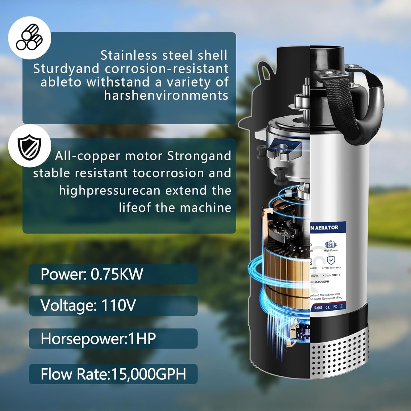 Pond Fountain Aerator 1 HP, 110V 750W -Pond Fountain 15000 GPH Floating Aerator Pump-100ft Power Cord -For Ponds and Lakes 2025 Latest model
