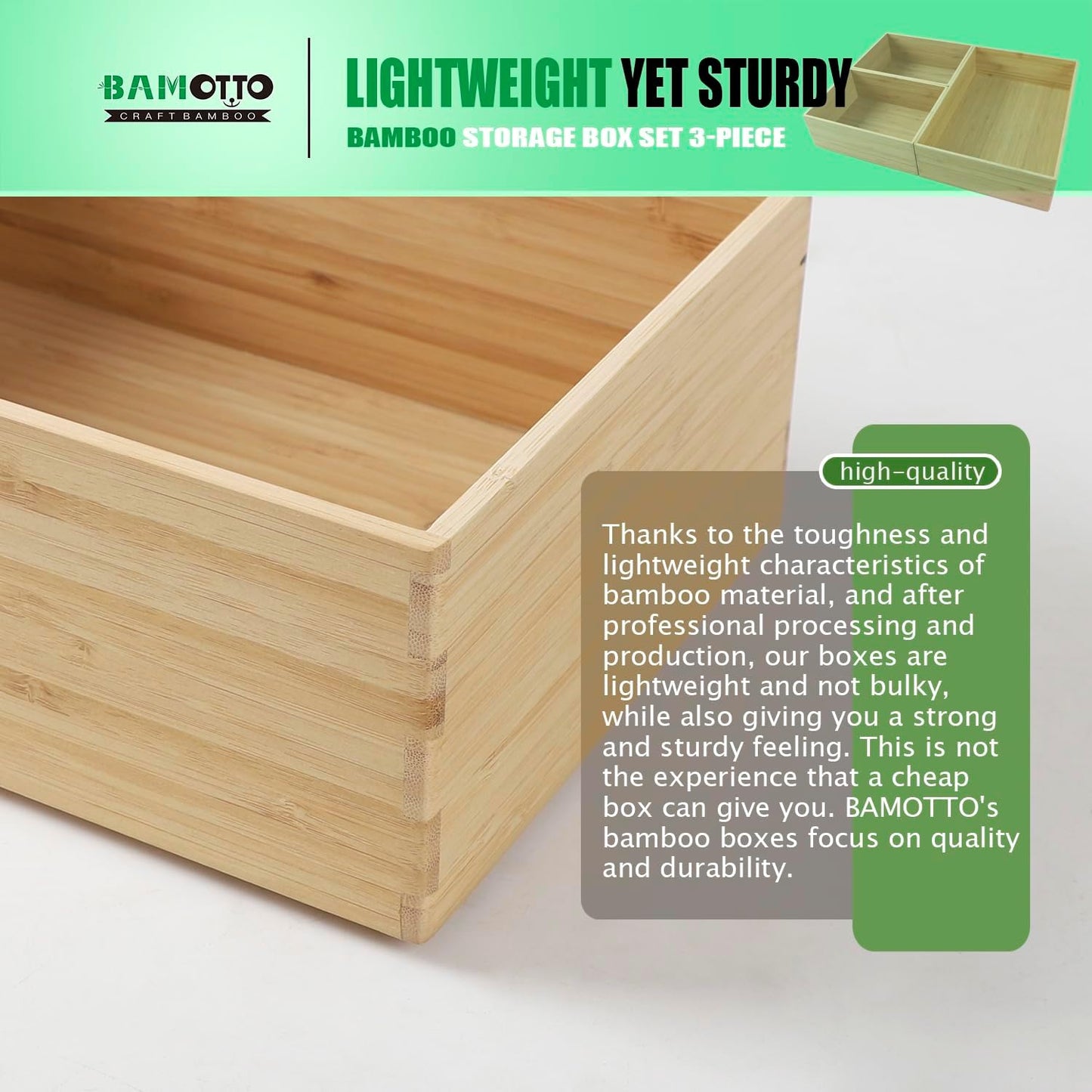 3-Piece Large Bamboo Storage Box Set, 3.1 in High Stackable Deep-Drawer Organizer for Kitchen Cutlery, Cookware, Utensils & Knives, Exquisite Durable Lidless Wooden Bin (14.6"x10.2"*1+10.2"x7.3"*2)