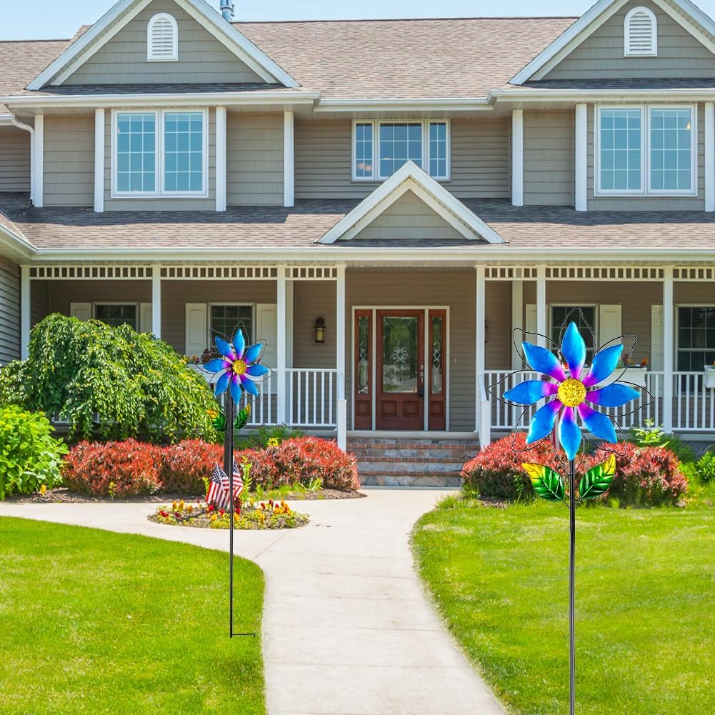 14'' Wind Spinners Outdoor, Flower Metal Garden Wind Spinners Outdoor, Kinetic Wind Sculptures & Spinners for Yard Garden Lawn Decor (Blue)