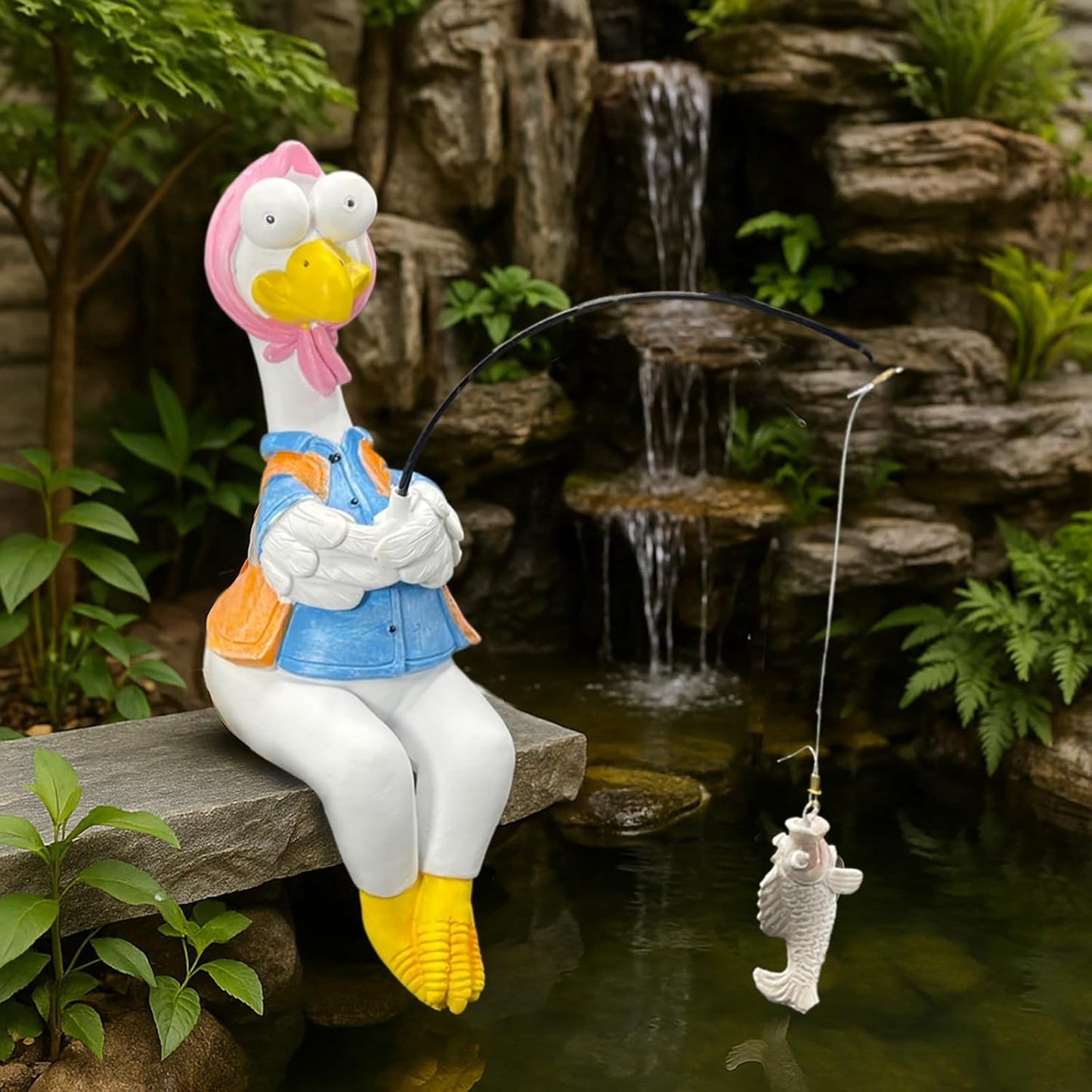 Chicken Fishing Statue Garden Decor – 9.8" Weatherproof Resin Chicken Fishing Sculpture Decor for Fish Ponds, Koi Ponds, Waterfalls, Poolside/Outdoor Gardens– Resin Figurine for Indoor/Outdoor Décor