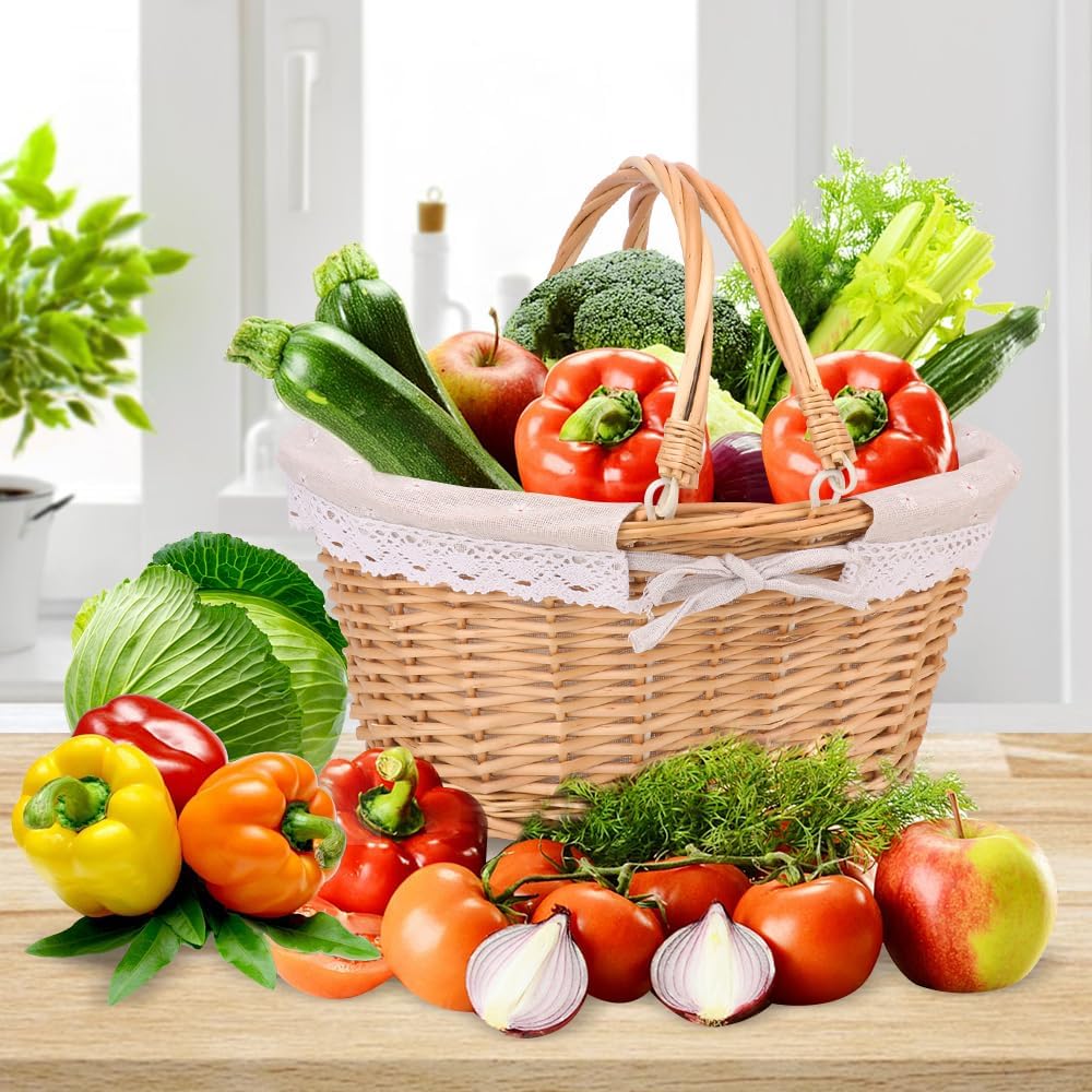 2 Pack Natural Wicker Basket with Linen Lining, 14 & 12 Inch Wicker Woven Picnic Basket with Handle for Picnic, Camping, Outdoor Party