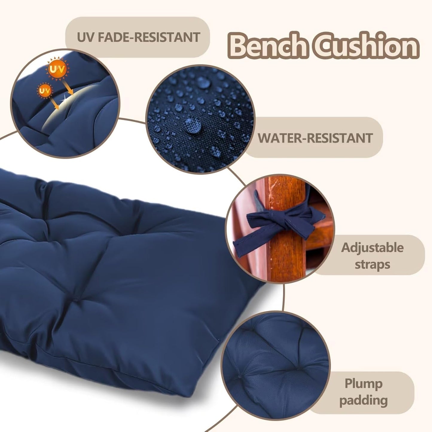 Waterproof Indoor/Outdoor Garden Bench Seat Cushions，Thicken Patio Bench Soft Rocking Chairs Pad Lounger Seat for Wicker Loveseat Settee（39.3x19.6x3.9 inch，Navy）