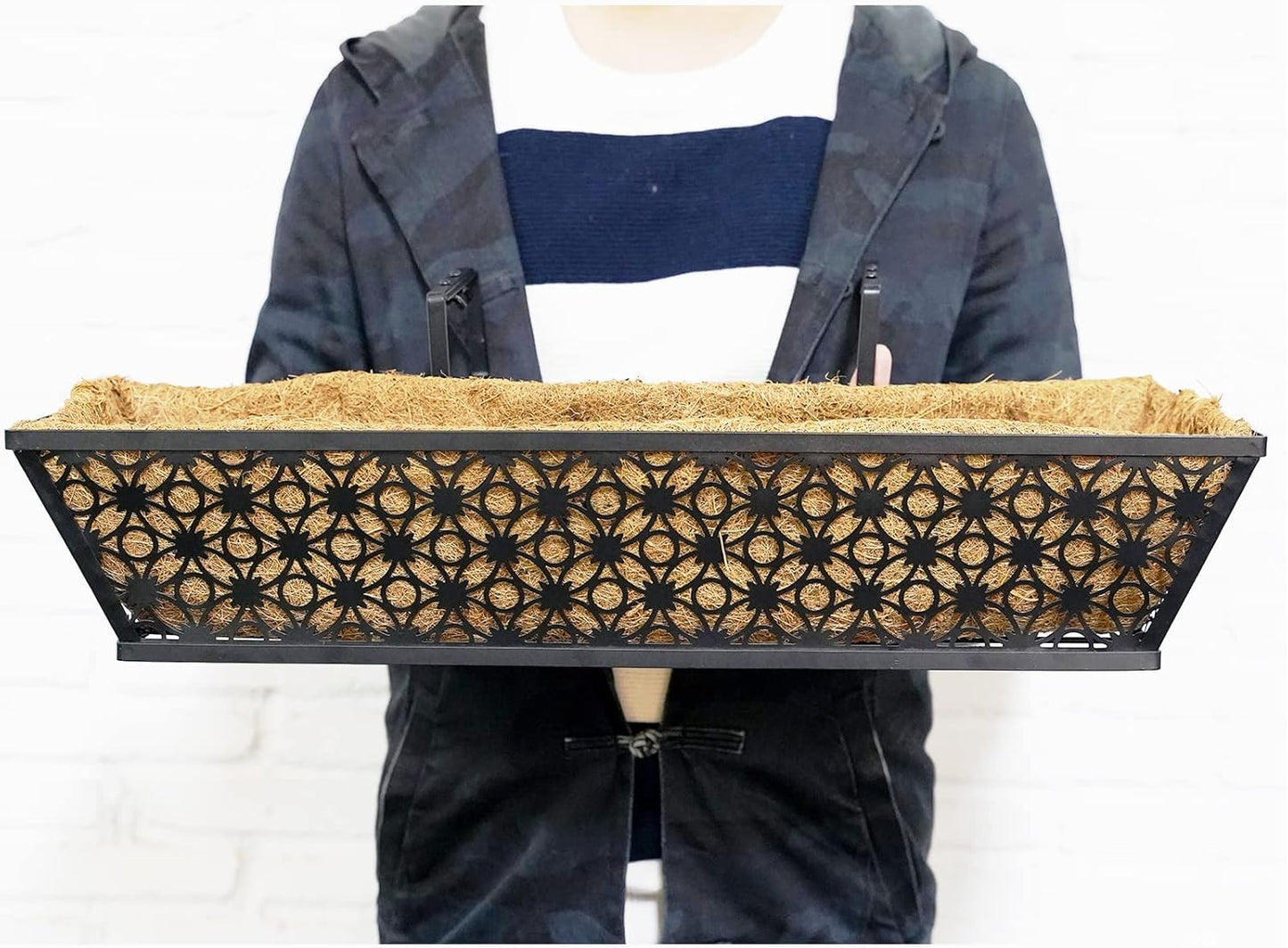 2 Set Deck Railing Planter Box 24" Black Metal Garden Trough Deck Planter English Horse Trough Window Box with Coco Liners