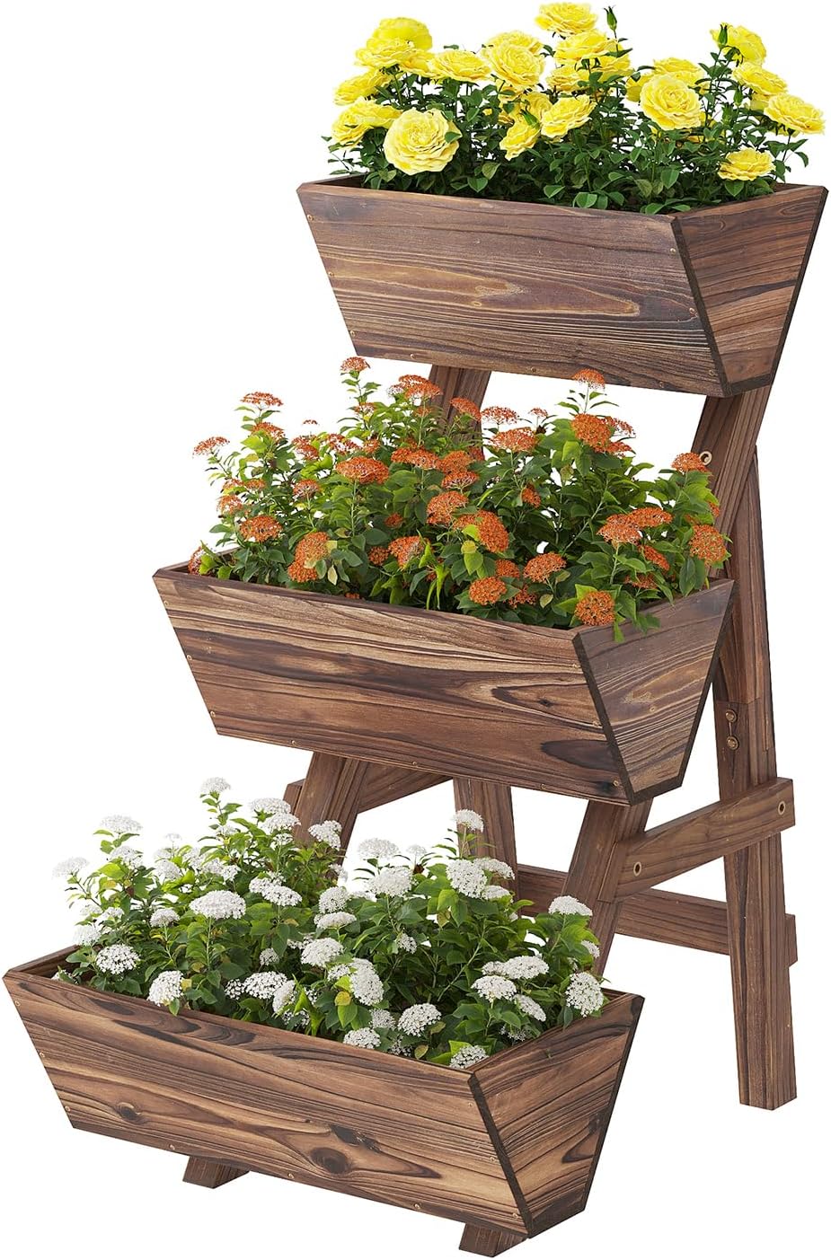 3-Tiers Wooden Raised Garden Bed Tiered Planter Box Vertical Garden Planter Wood Plant Stand for Patio, Balcony, Freestanding (Carbonized S)