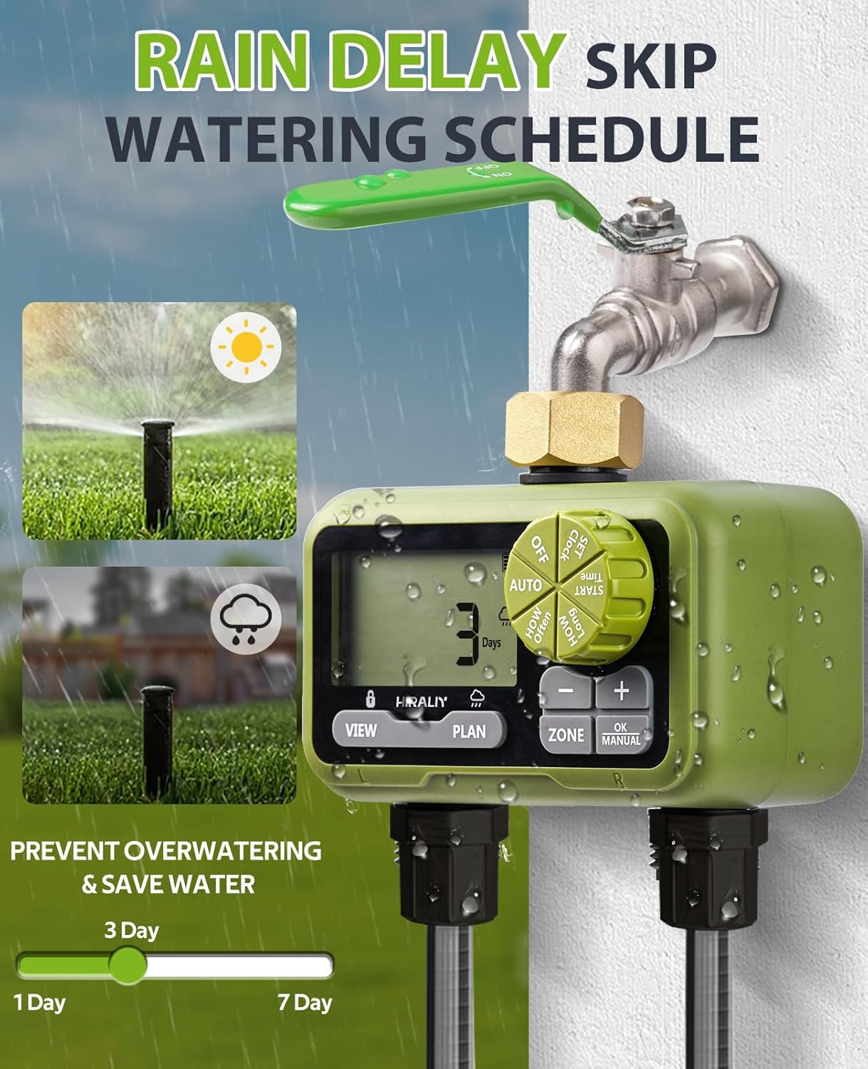 HIRALIY Sprinkler Timer, Water Timer for Garden Hose 2 Zone, Programmable for Watering, Automatic Irrigation System for Yard Lawn, Brass Connector, IP65 Waterproof