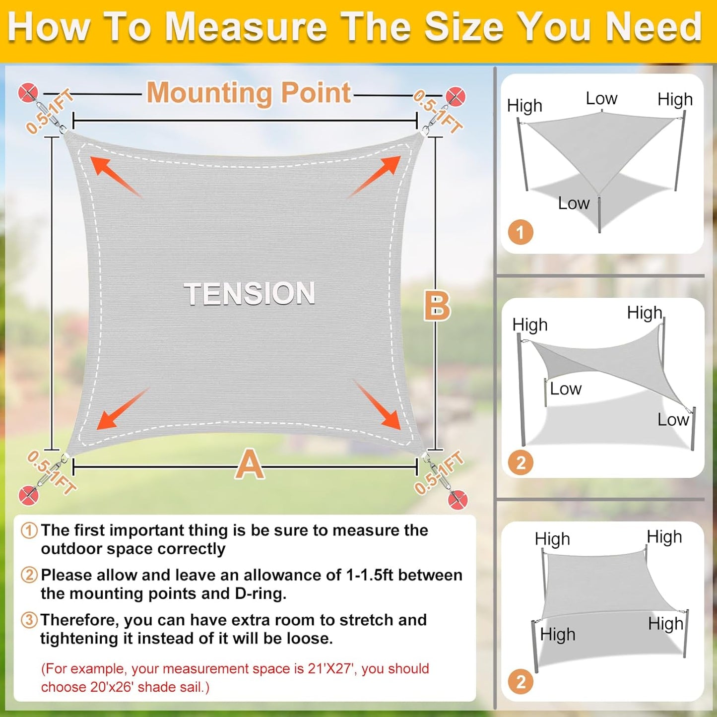 KANAGAWA Sun Shade Sail 20'x20' Grey Rectangle UV Block Canopy Awning Shelter Fabric Cloth Screen for Outdoor Patio Garden Backyard