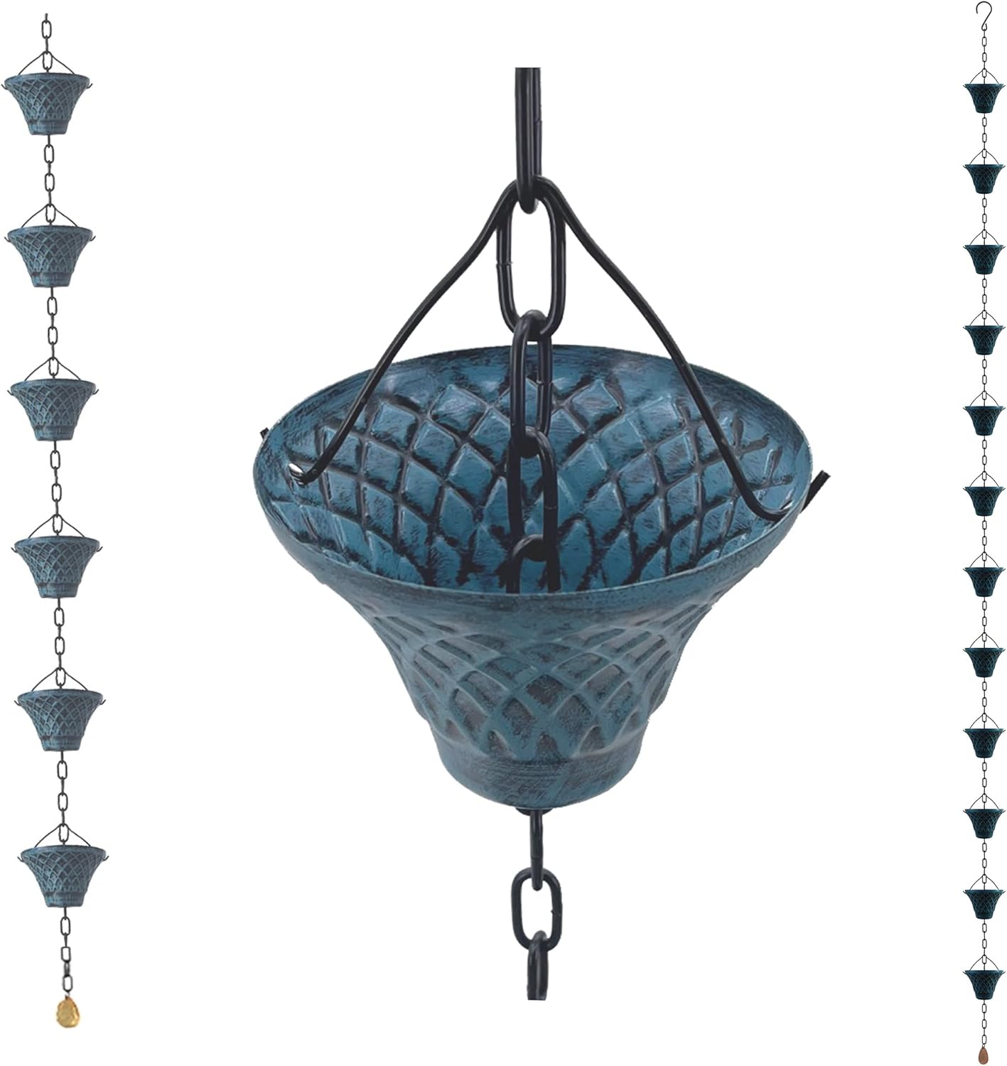 [Upgraded] 8.5FT Antique Sky Blue Colored Iron (Double-Sided) Rain Chains for Gutter and Rain Barrel, Rust-Resistant Plated Garden Décor Rain Chain for Downspout (not Included an Adapter)