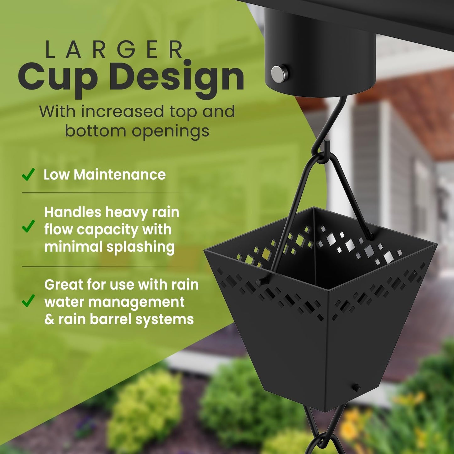 Rain Chain Kit w/Adapter & Extension | Black Powder Coated Rain Chains for Gutters 10 ft | Rain Chain | Gutter Chain Downspout | Rain Chains for Outside | Rain Catcher | Rain Chimes