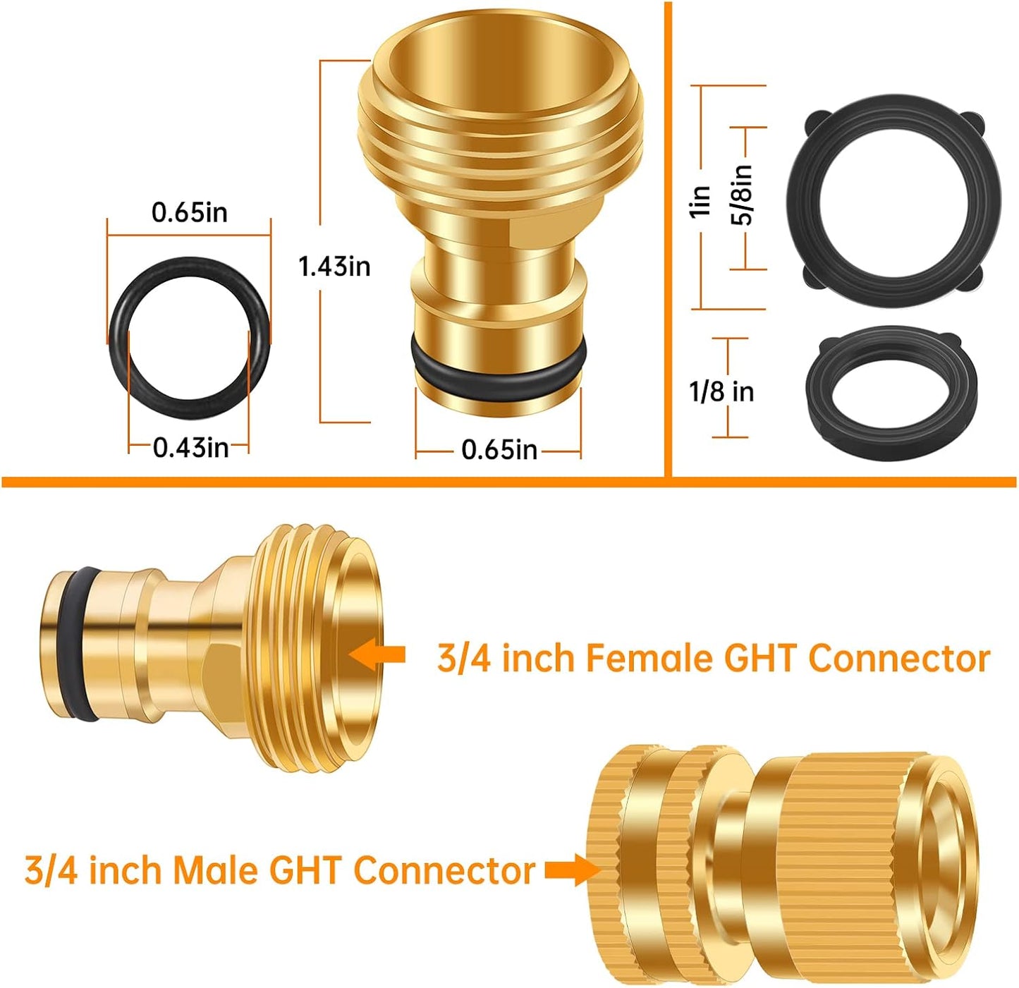 Garden Hose Quick Connector, No-Leak 3/4 Inch GHT Thread Fitting Water Hose Female Adapter and Male Adapter, Heavy-Duty Rust Resistant Brass Water Pipe Connect, Easy to Use (6 Pack ）