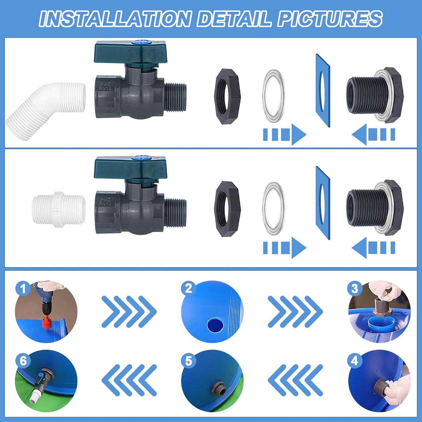 2 Pack PVC Rain Barrel 45°Elbow Spigot Kit, 3/4 Inch Rain Barrel Valve with Bulkhead Connector and Hose Adapter, Garden Faucet Kit for Water Tanks, Aquariums, Pools, Garden Barrels