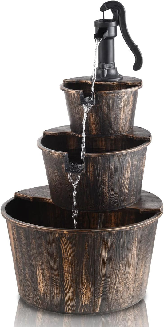 YI 40-Inch 3 Tier Barrel Waterfall Fountain Outdoor Water Fountains Barrel Wood 3-Tier Freestanding Rustic Pump for Garden Patio Backyard Porc