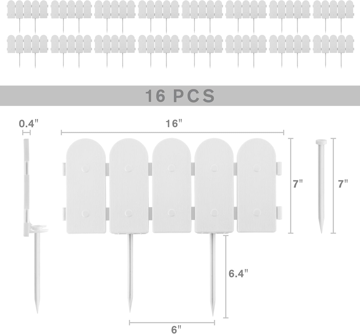 Evelyne Garden Border Edging: Wooden Fence Design - 16pcs White Yard Landscaping Fence Liner Lawn Edge Barrier - 20ft Kit of Decorative Lawn Landscape Panels Elements-Landscaping Edging-GMT-10374-D16