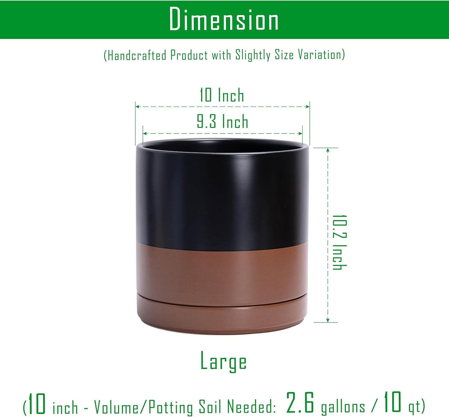 D'vine Dev 10 Inch, Ceramic Planter Pot with Drainage Hole and Saucer, Indoor Cylinder Round Planter Pot, Black/Speckled Tan, 94-O-E-7