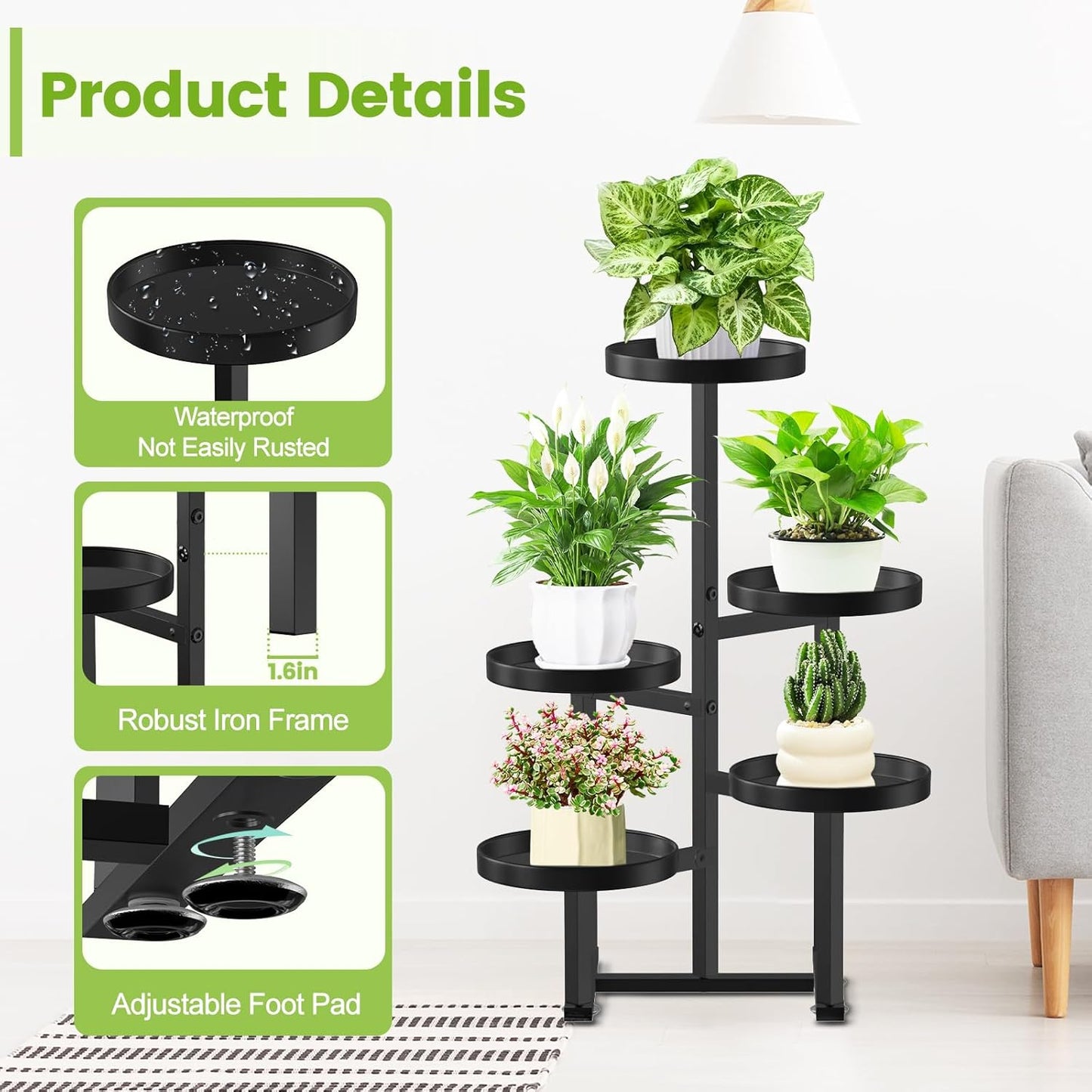 5 Tier Metal Plant Stand Indoor, Tiered Corner Plant Holders for Multiple Plants, 27 Inch Tall Flower Pot Holde Display Stand for Patio Garden Living Room Balcony Bedroom, Black