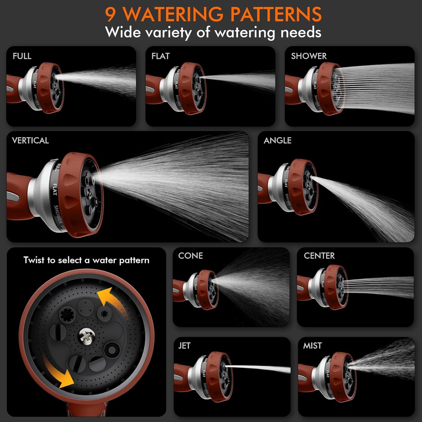 RESTMO Hose Nozzle Heavy Duty, Metal Water Hose Sprayer for Garden, 9 Spray Patterns | High Pressure | Thumb Flow Control | On/Off Valve, Ideal for Lawn & Plant Watering, Car & Pet Washing, Red