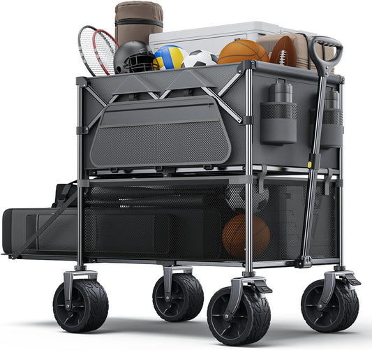 Double Decker Wagon, 480Lbs Capacity, Big Wheels & Side Pocket, Folding Wagon for Shopping, Garden, Camping, Fish - Grey