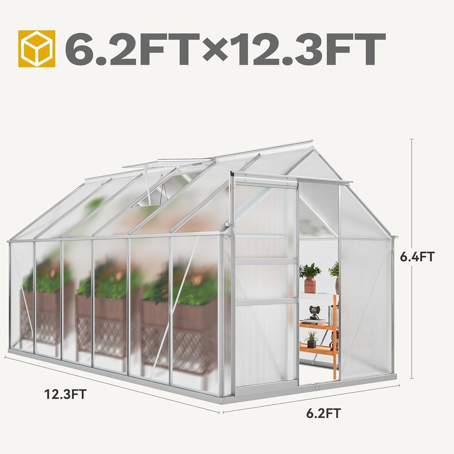 DWVO 6x12FT Polycarbonate Greenhouse for Outdoors, Large Heavy Duty Aluminum Greenhouses with Sliding Doors and Vent Window, Walk-in Greenhouse for Garden Backyard, Easy to Setup, Silver