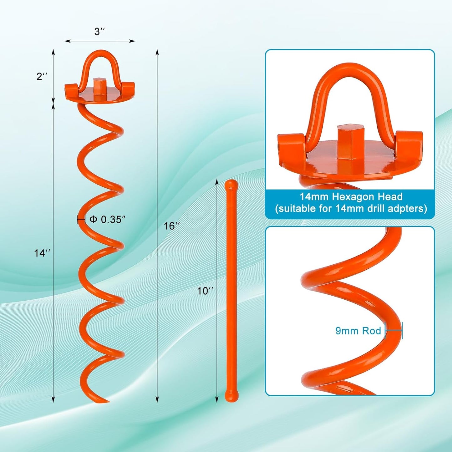 FEED GARDEN 16 Inch Spiral Ground Anchors Heavy Duty Screw in Spiral Stakes, 4 Pack Folding Ring Ground Stakes for Securing Dogs,Tents, Trampolines, Canopies, Swing Sets, Orange