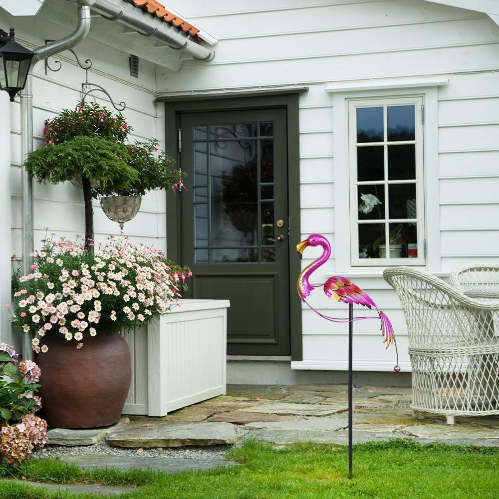 hogardeck Garden Decor for Outside, 47" Metal Flamingos Decorative Garden Stakes Balancing Rocker for Yard Art, Outdoor Heavy-Duty Wind Sculpture Shaking Ornament for Lawn Patio Porch Decorations