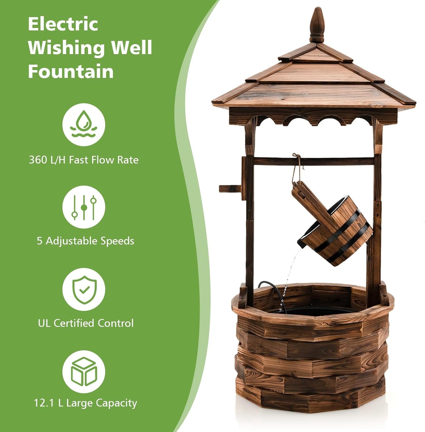 Tangkula Outdoor Wishing Well Water Fountain, Old-Fashioned Wood Waterfall Fountain w/Bucket Pump, Rustic Farmhouse Decoration for Garden, Backyard, 46 Inch Tall (22.5" x 22.5" x 48.5")