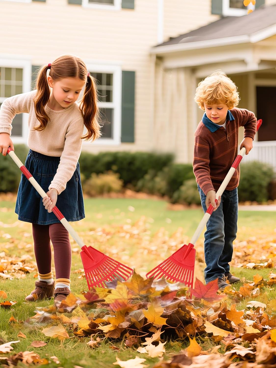 Acostop 2 Pcs Kids Rakes with Wood Handle - 34" Lightweight Plastic Garden Rake for Leaves, Safe to Use Kid Yard Tools for Boys Girls Fall Gardening Gifts (Red)