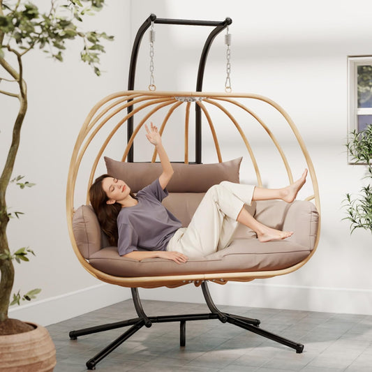Double Egg Chair Outdoor, Egg Swing Chair with Stand, Hanging Egg Chair Outdoor with Cushions/Headrest, 80" H Hanging Chairs with Stand Indoor, Metal Basket Swing Egg Chairs for Deck, Khaki
