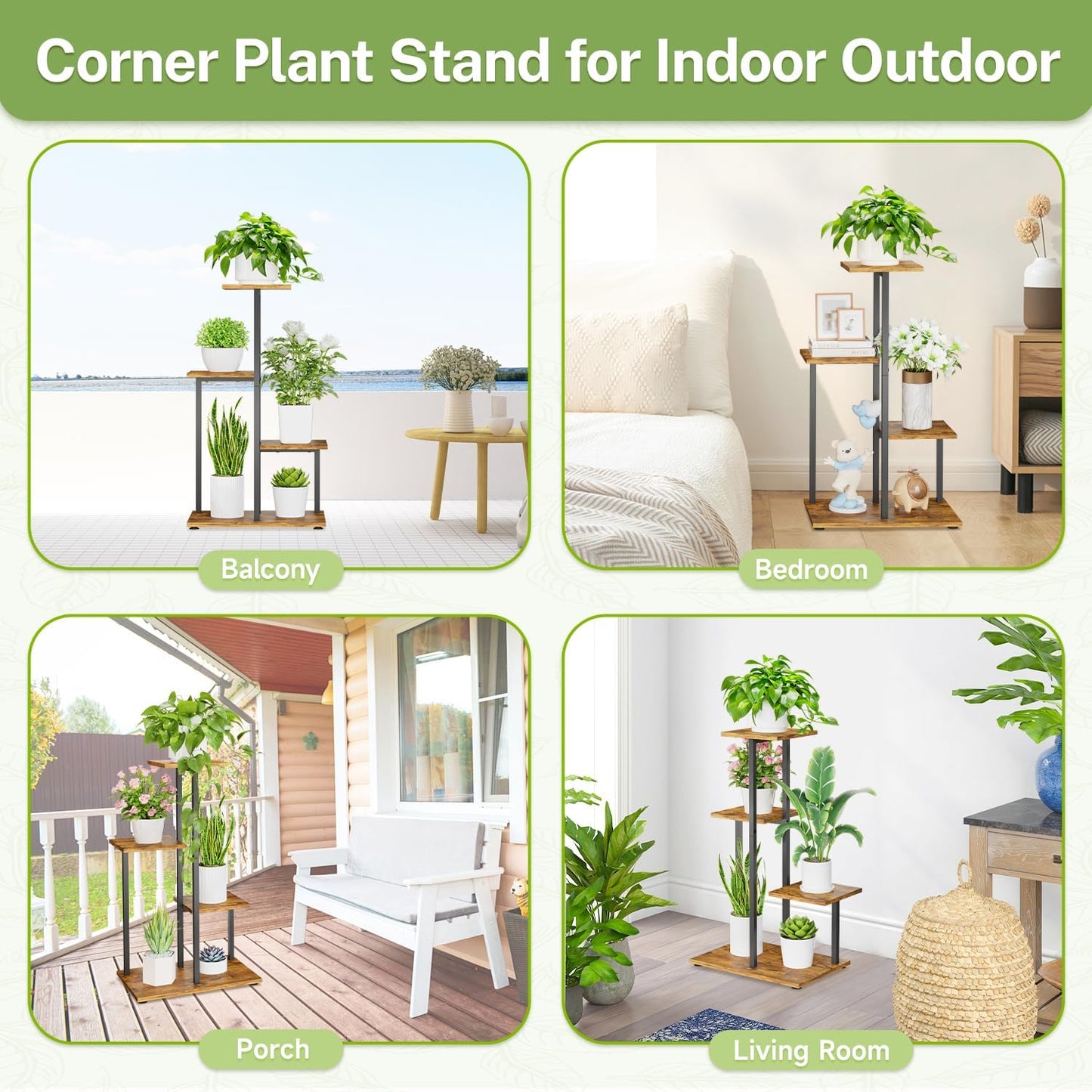 iDavosic.ly 4 Tier Plant Stand Indoor, Tiered Corner Plant Shelf for Multiple Plants, Metal Wood Tall Plant Display Rack Flower Holder for Patio Porch Garden Balcony Bedroom, Black