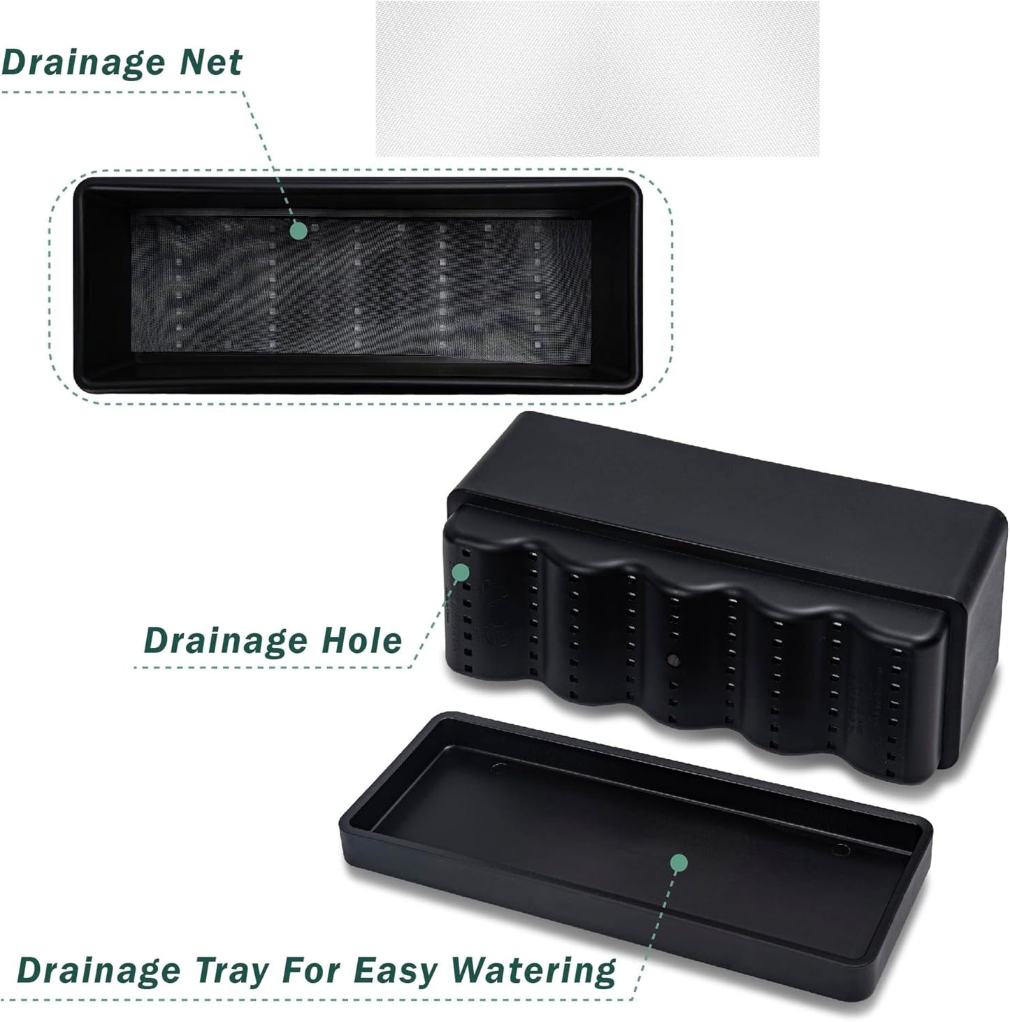 D'vine Dev 12 Inch Window Box Planter, Rectangle Plastic Herb Planter with Drainage Holes and Saucer, Indoor Succulent Cactus Vegetable Pot for Windowsill, Garden Balcony, Black, Set of 2, 76-X-B-2