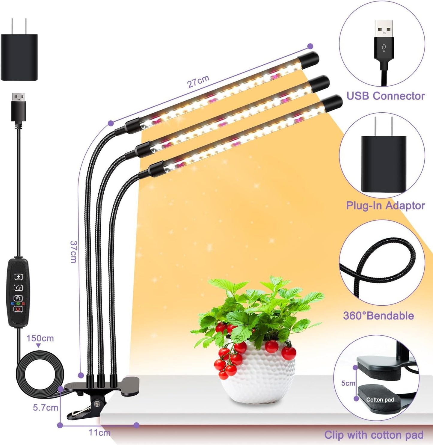 3head Plant Lights for Indoor Growing, Grow Light for Indoor Plants, Full Spectrum Growing Lamps with Clip, Auto ON & Off Timer 3/9/12H, 3 Switch Modes, 10-Level Dimmable Brightness