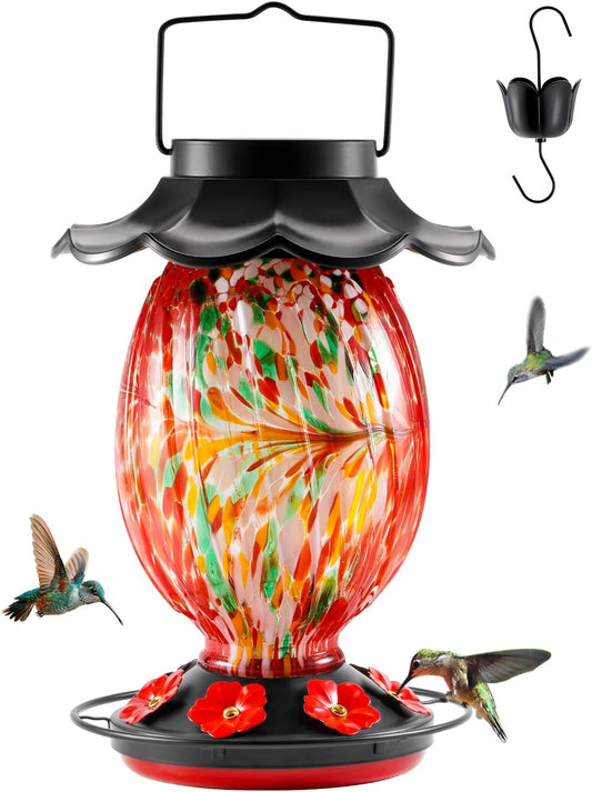 Solar Hummingbird Feeder - 49 fl.oz Hand Blown Glass Color Changing - 7 Feeding Ports with Perch - Never Leak - Perfect Hummingbird Feeder