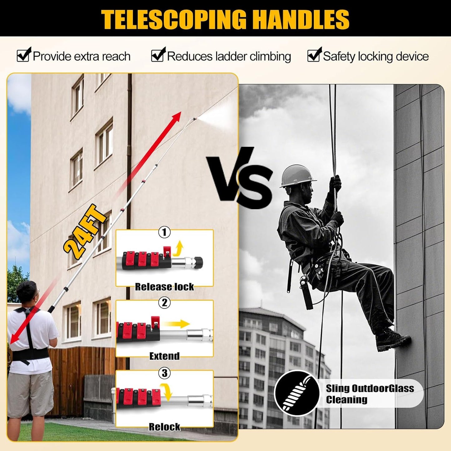 24FT Telescoping Power Washer Extension Wand, Gutter Cleaning Tools with Brush Head, 4 Adapters, 7 Spray Nozzles, Upgraded Support Belt, Pressure Washer Wand Extension for Wall Roof Gutter