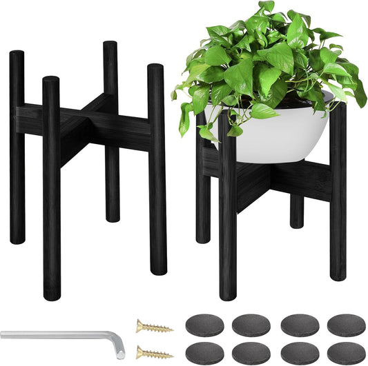 FJO 2Pcs Adjustable Plant Stand Indoor - Bamboo Plant Stands, Bamboo Mid Century Modern Plants Stands, Plant Holder for Living Room Fits 8 to 12 Inches Pots(Pot & Plant Not Included) (Black)