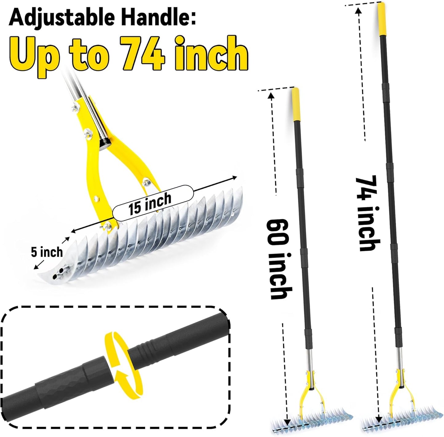 Thatch Rake for Lawn with 74inch Handle, 15 inch Dethatcher Rake for Grass to Cleaning Dead Grass, Efficient Steel Metal Rake for Dethatching, Heavy Duty Thatching Rakes for Garden, Yard