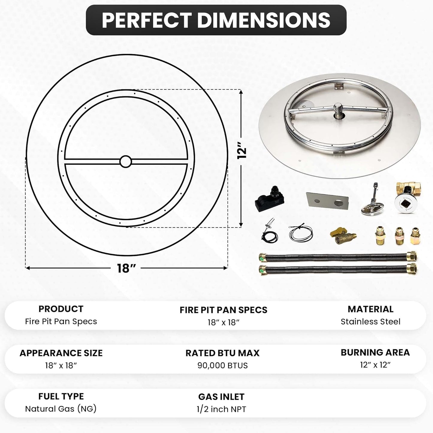 Stainless Steel Fire Pit Burner Pan & Ring Deluxe Kit for Natural Gas, 18-Inch Pan, 12-Inch Ring, 90,000 BTU Max