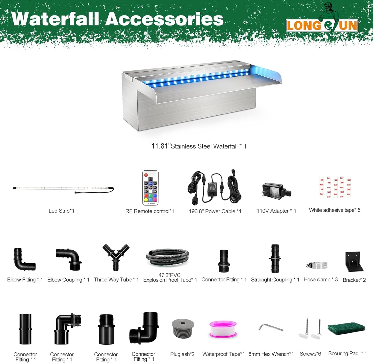 LONGRUN Waterfall Pool Fountain, Updated 5.9'' Wider Open Lip Stainless Steel Waterfall Spillway, Decorative Water Feature for Swimming Pools, Koi Ponds, Spa & Garden - 11.8''