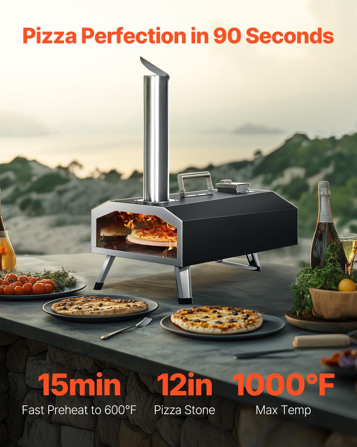 VEVOR Multi-fuel Outdoor Pizza Oven, 12-inch Gas & Wood Fired Pizza Maker with Auto Rotatable Stone, Portable Pizza Ovens for Outside Backyard Camp, Carry Cover, Shovel, CSA Certified, Black