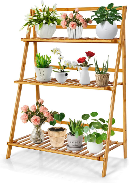 COSTWAY Bamboo Plant Stand, Foldable Multifunctional Flower Display Ladder Shelf, 3-Tier Storage Rack