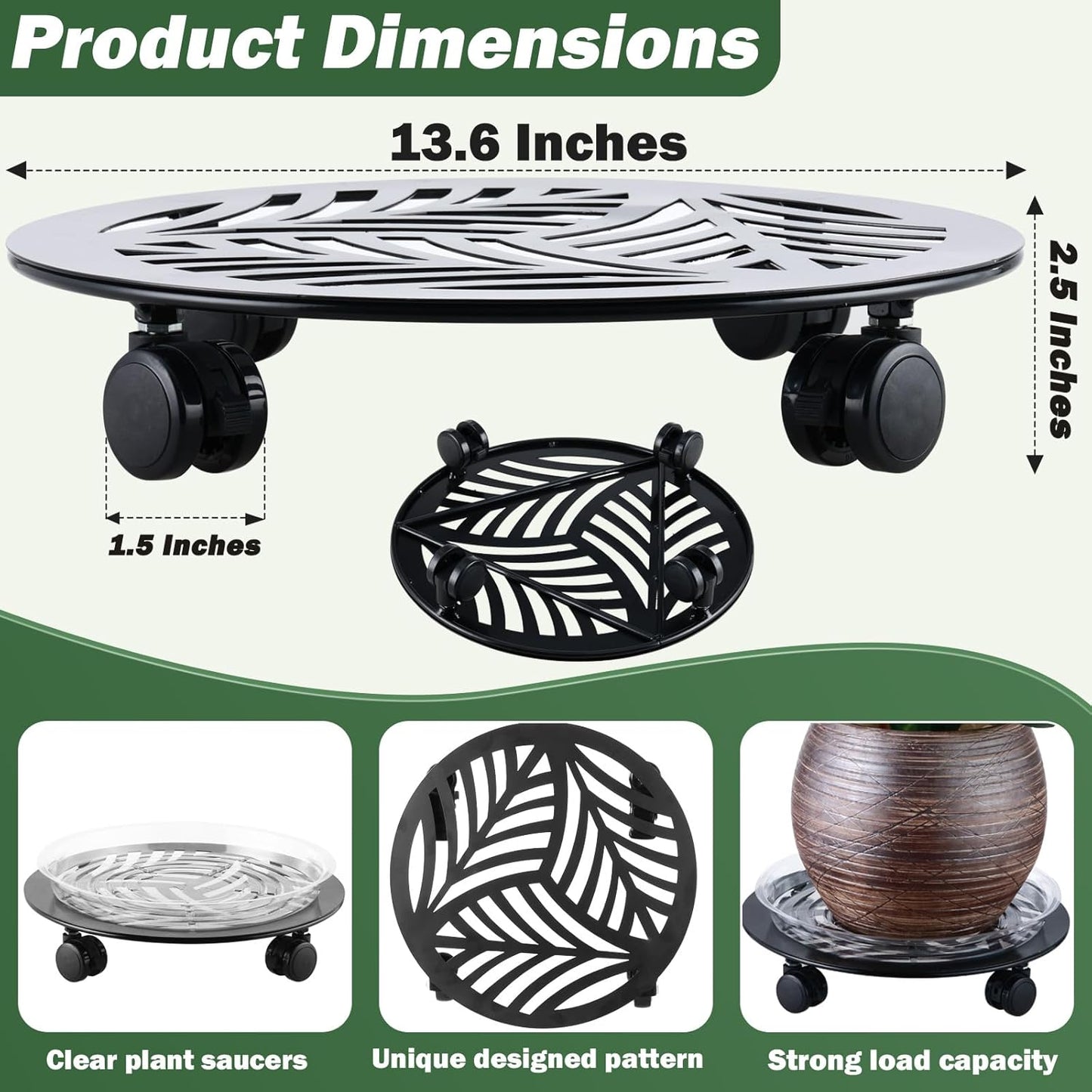 3 Packs Large Metal Plant Caddy with PU Wheels 13.6" Heavy-duty Wrought Iron Rolling Plant Stands Indoor Outdoor Wheeled Plant Dolly Planter Mover Rollers Plant, Leaf Style