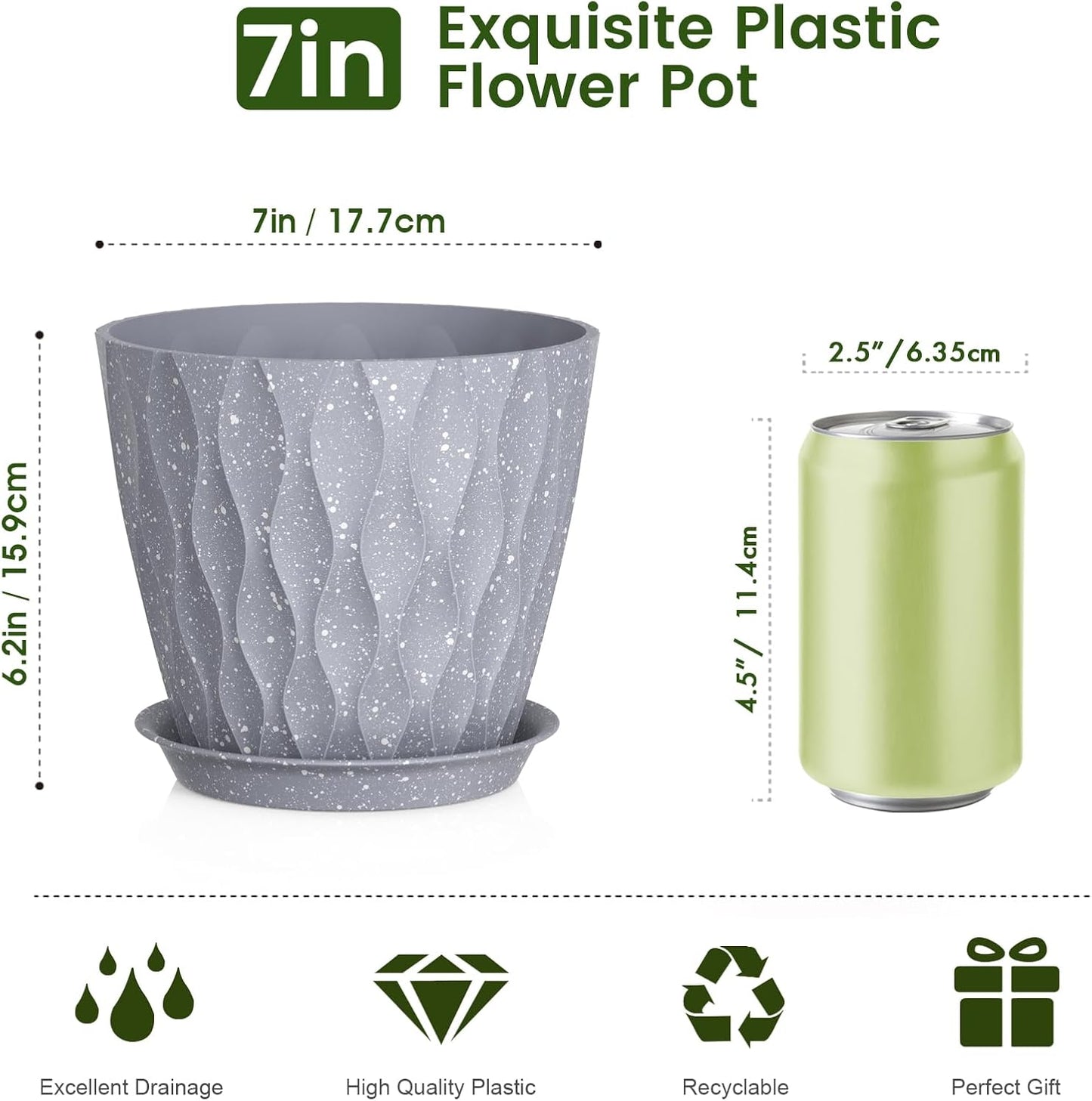 7 inch Plant Pots for Indoor Outdoor Plants, 5 Pack Thick Flower Pots with Drainage Holes and Saucers, 3D Modern Wave Texture Plastic Planter Nursery Pots, Speckled Grey