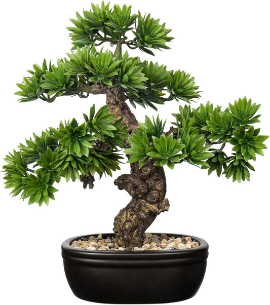 Fake Bonsai Tree Small Bonsai Plant 15.7” Tall Artificial Bonsai Trees with Black Pot Decorated with Pebbles Desk Plant Indoor Bonsai for Home Office Decor