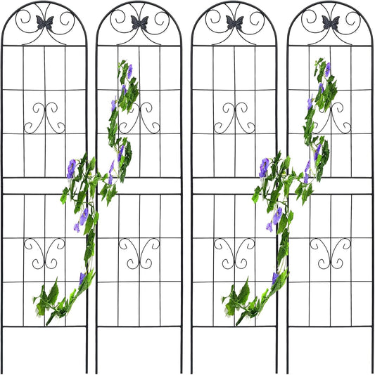 4 Pack Metal Garden Trellis for Climbing Plants, 86.7" Tall Rustproof Outdoor Trellis Panel with Line Butterfly Design, Decorative Black Iron Plant Support for Vine, Rose, Flower, Garden Wall