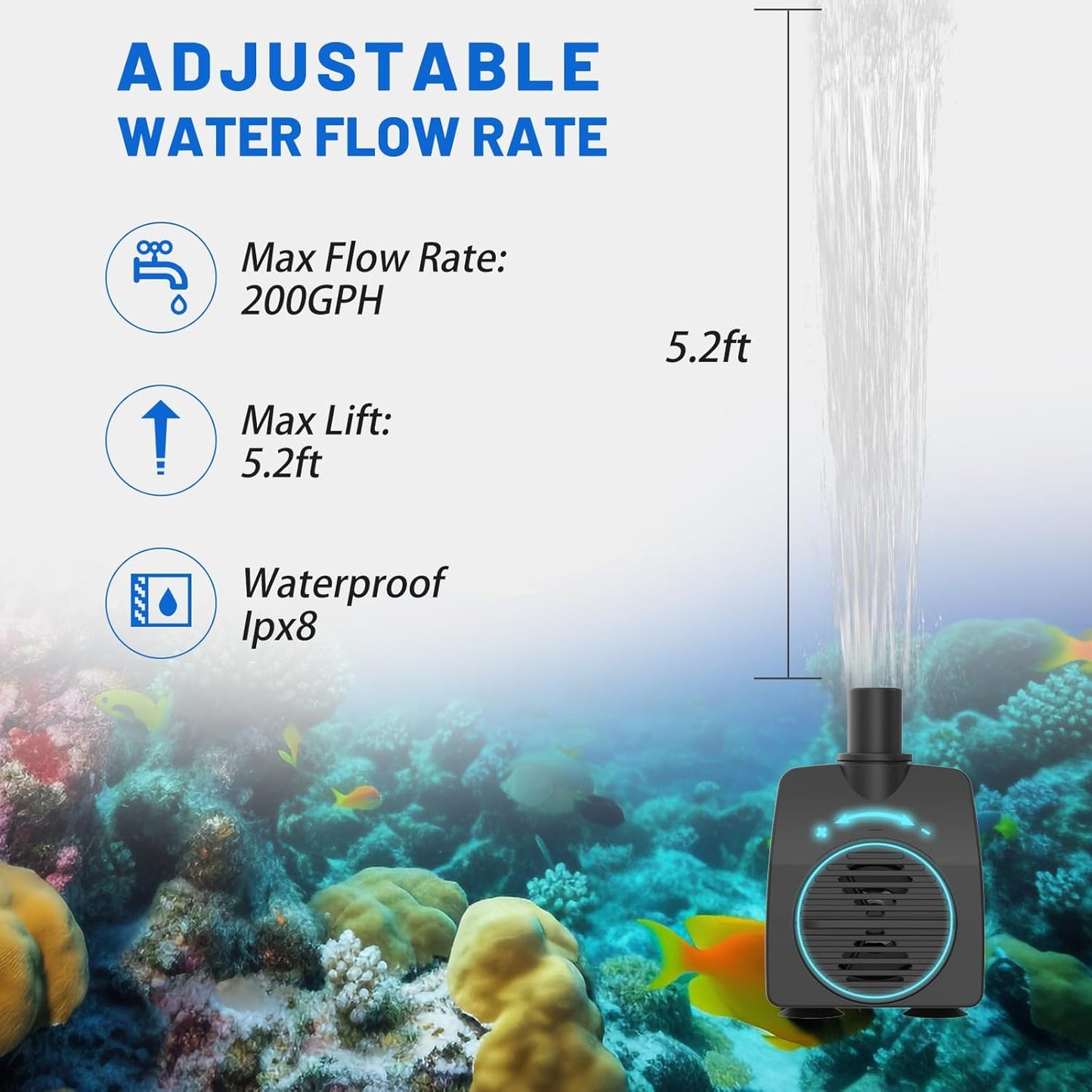 Submersible Pump 200GPH with AUTO-Shut-Off 5.2ft High Lift for Fountains, Hydroponics, Ponds, Aquariums & More