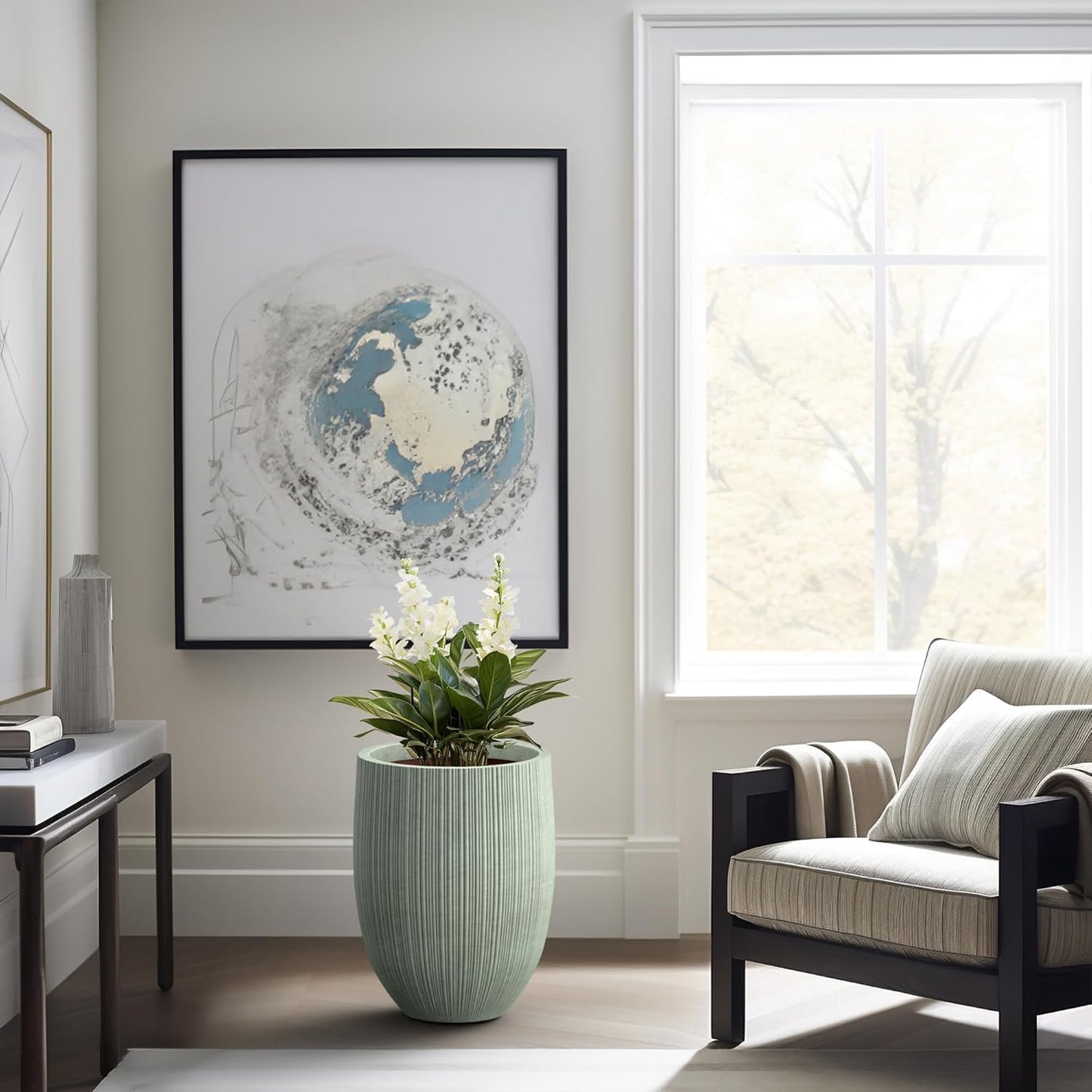 Kante Round Fluted Concrete Planter, 16.9-Inch Dia Barrel-Style Pot with Drainage Hole, Mint Green Finish with Warm Brown Interior, 13.7" Opening, for Indoor and Outdoor Use