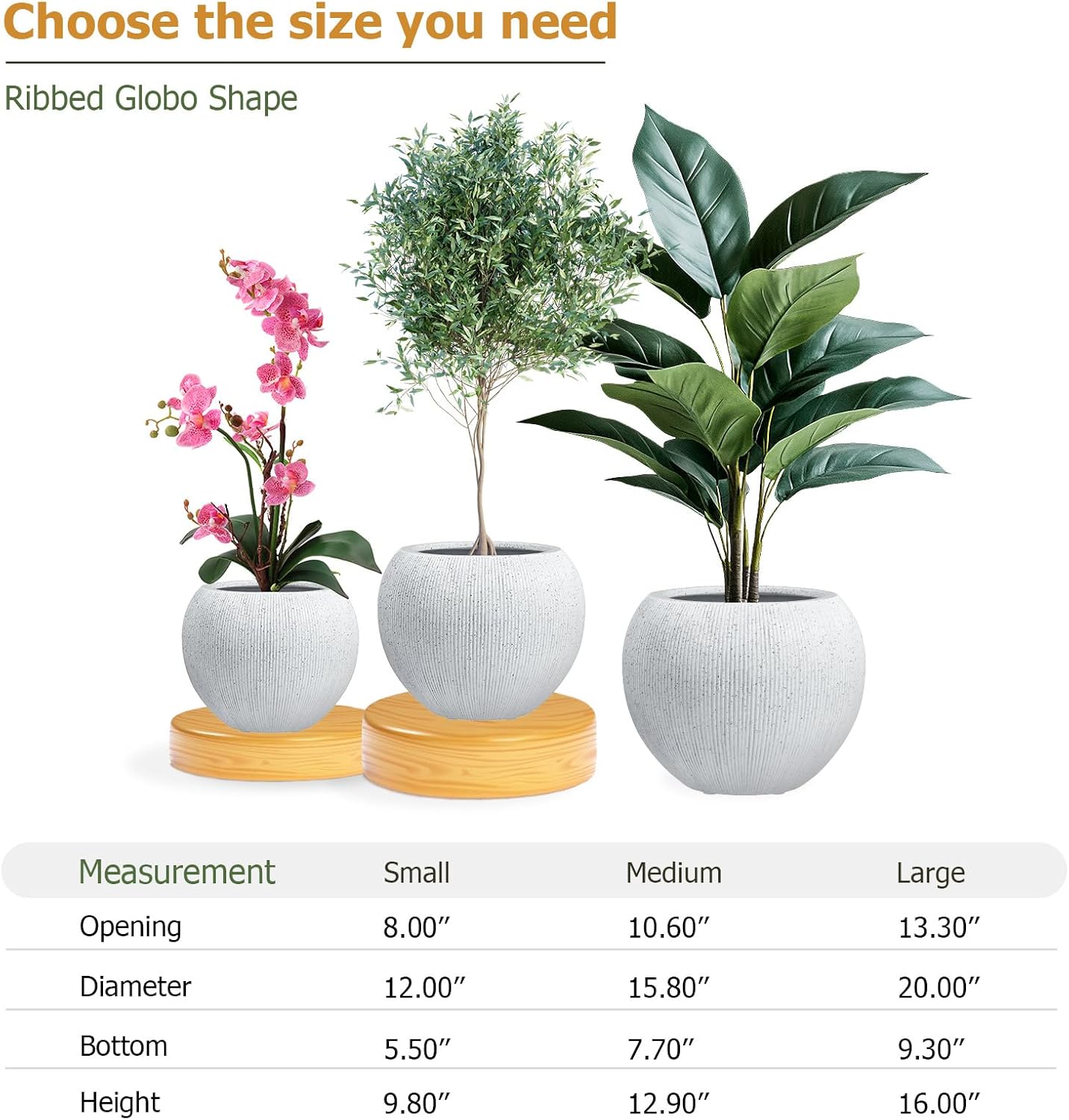 12.8"H x 16"D Globo Fiberstone Round Planter with Drainage Hole, Weather Resistant, Ribbed Finish, Planters for Indoor Plants & Outdoor, 2 Extra Coco Mats (Speckled White, 10.7" Pot Opening)