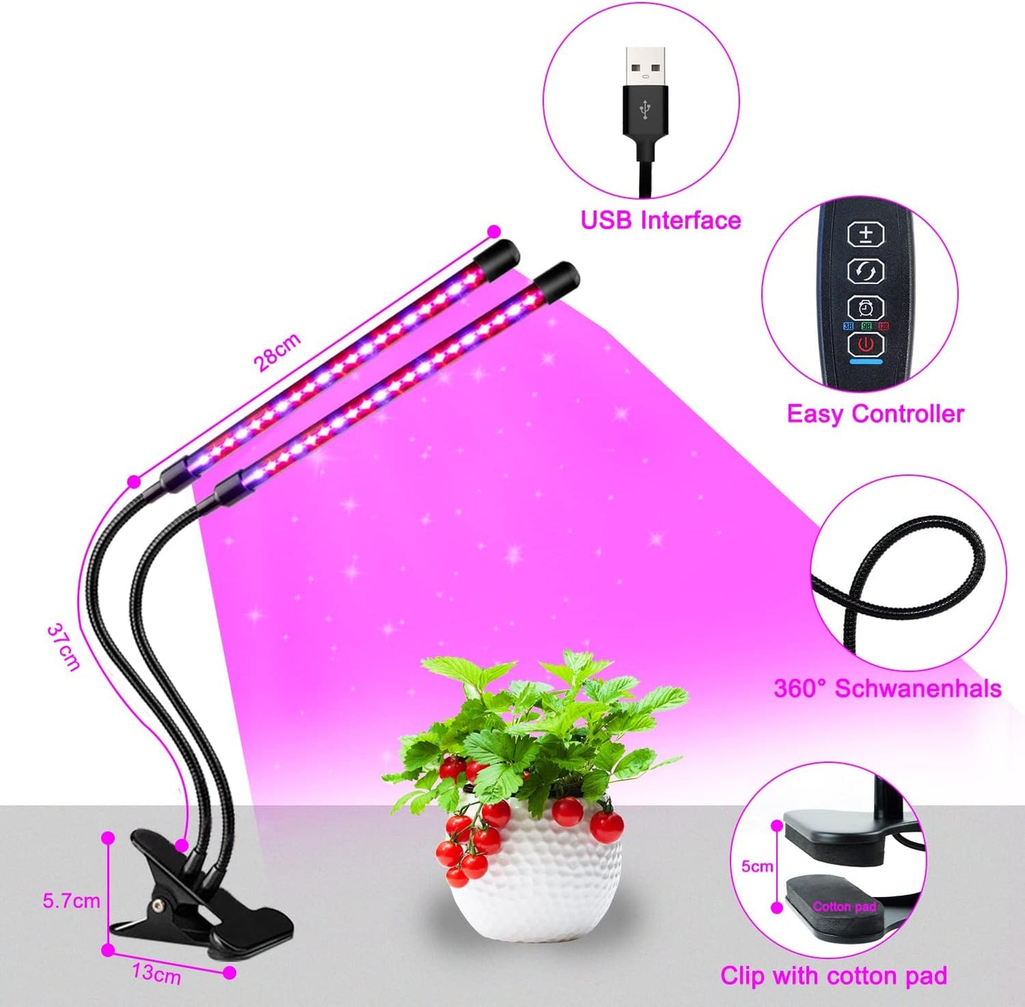 Grow Lights for Indoor Plants, Full Spectrum LED Plant Lamps with Clips and 3m Cables for Seeding Growing(2 Pack)