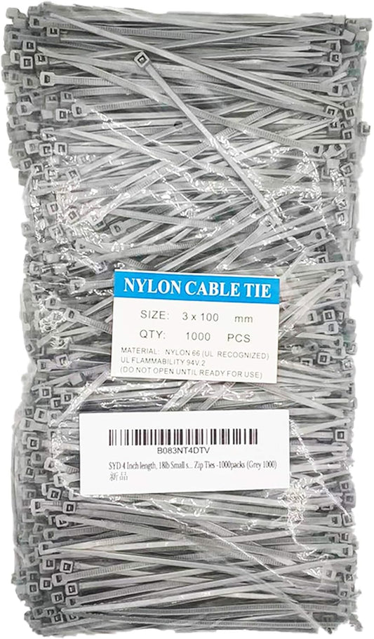 4 Inch Grey Zip Ties (1000 Pieces), 18lb Strength, Nylon Cable Wire Ties