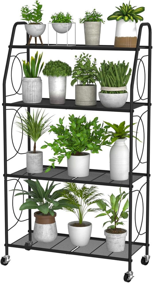 4 Tier Plant Stand with Wheels, Plant Shelf for Indoor Outdoor, Heavy Duty Metal Tall Plant Stands Holder Rack for Living Room Balcony and Garden, Black