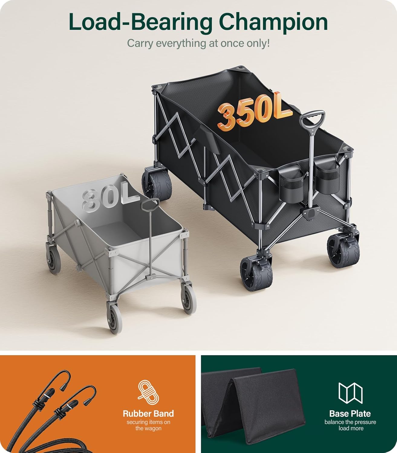 440Lbs Collapsible Wagon Cart with Big Wheels,Utility Wagons with Weight Capacity,Heavy Duty Wagon with Excellent Steering,Ideal for Camping,Gargen,Transport,Outdoor Sports